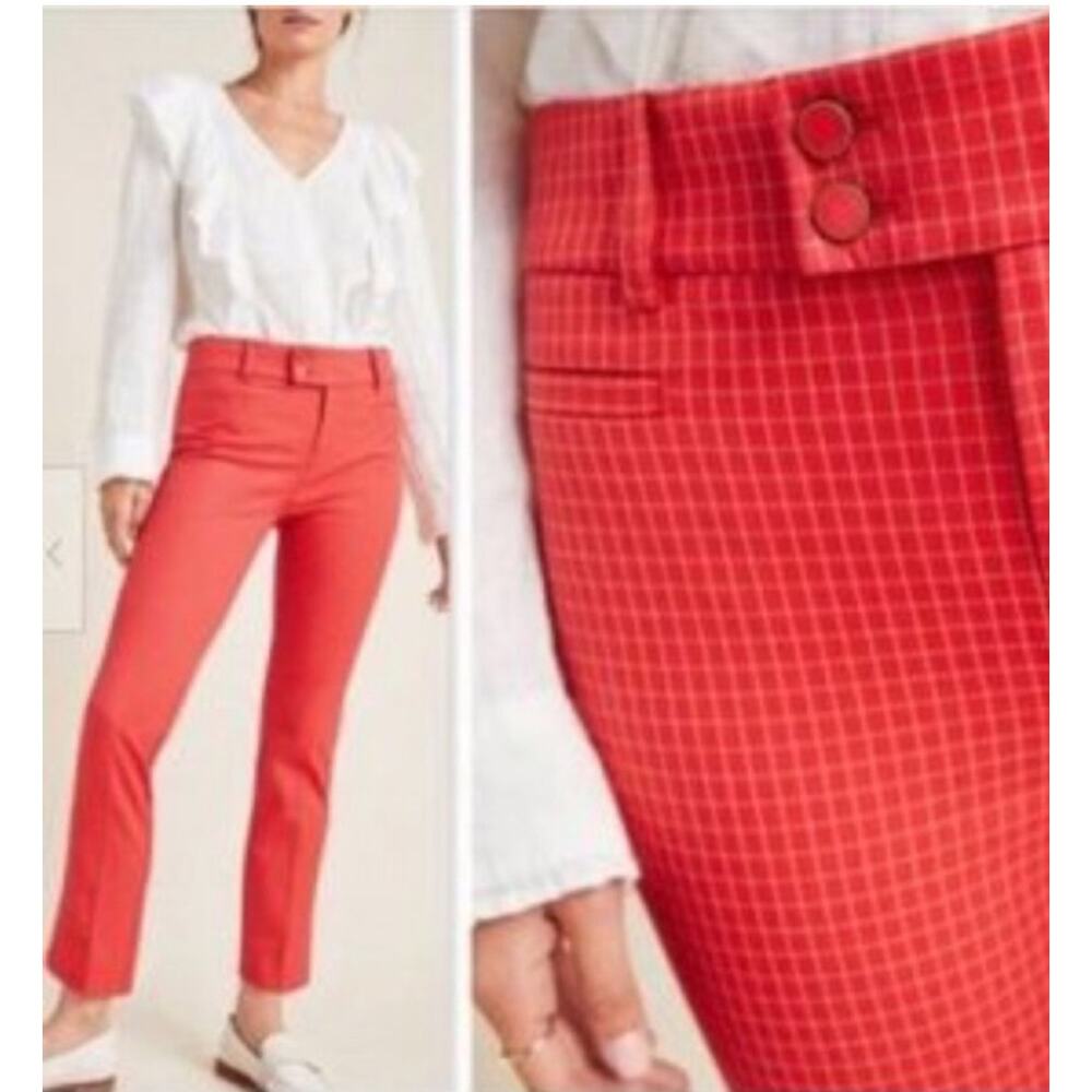 Anthropologie Red Straight-Leg Windowpane Pants